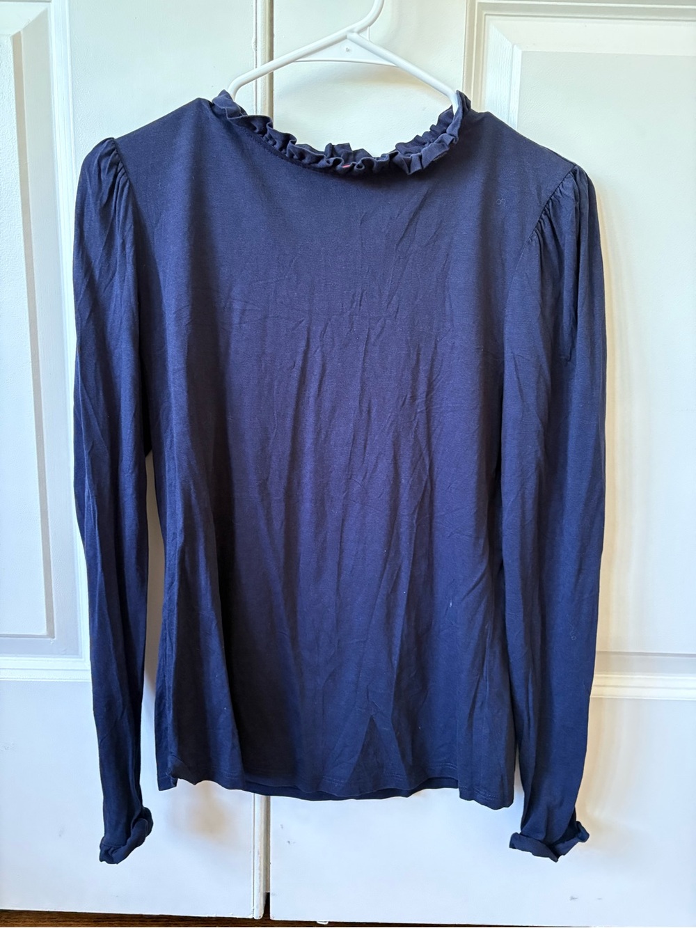 Boden Navy Ruffle-Trim Long Sleeve Top